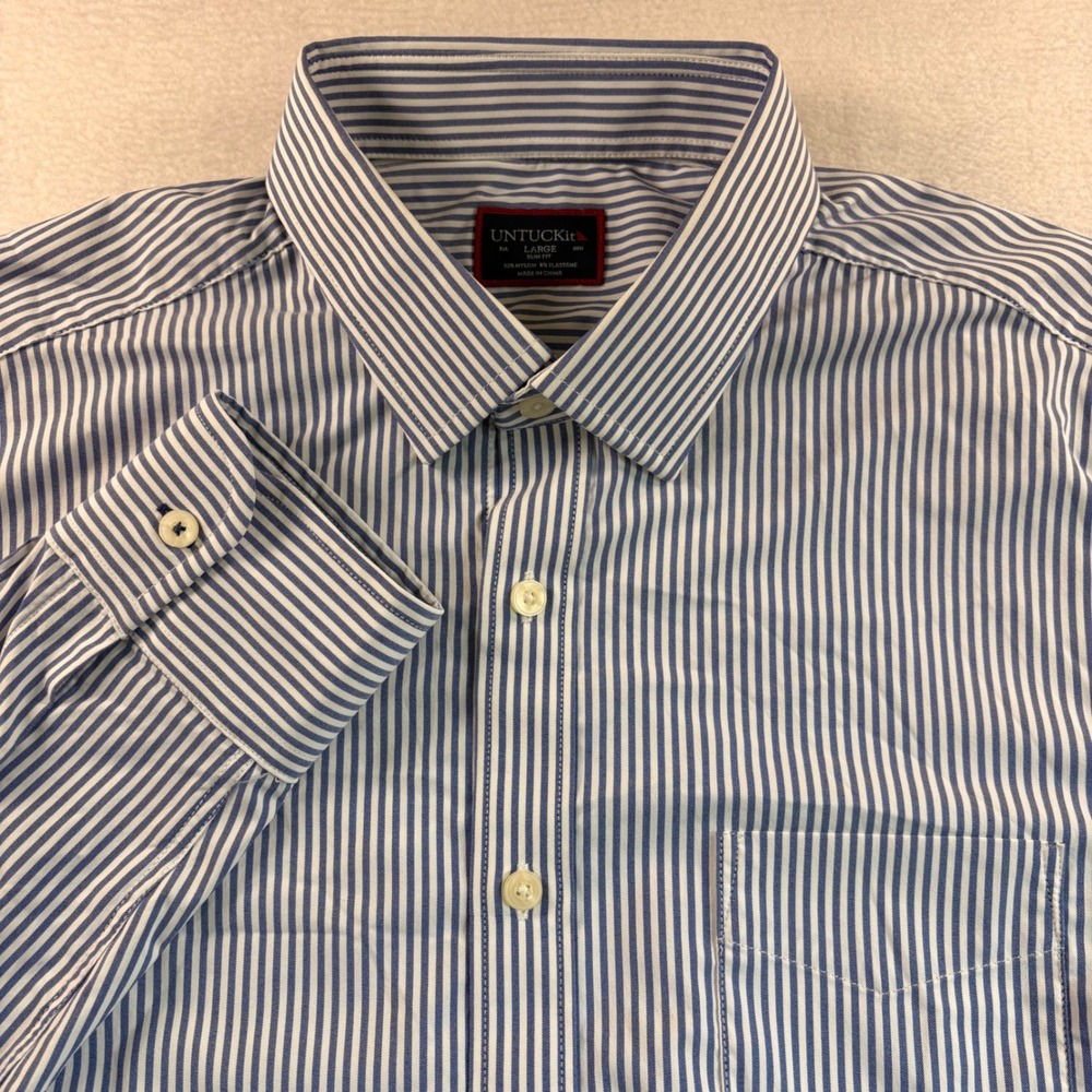UNTUCKit Mens Large Slim Fit Performance Striped Button Down Shirt Blue White